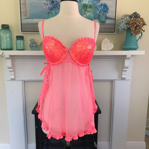 Victoria's Secret Other - Victorias Secret Hot Pink/Melon Sequined Babydoll Nighty Size 34D